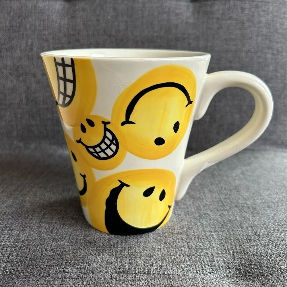 Smiley Face Emoji Covered Coffee Mug, Yellow, White, 15 oz